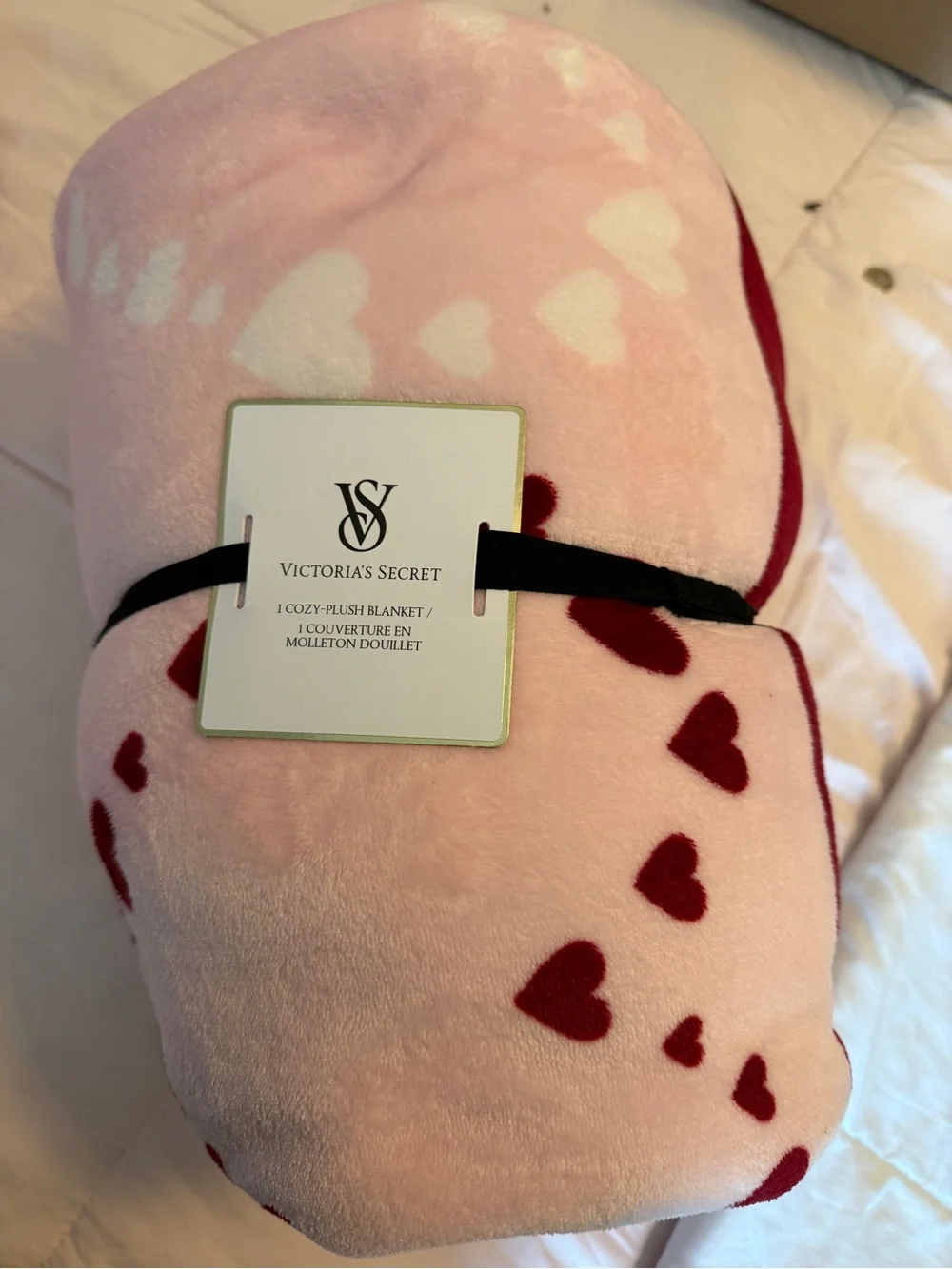 Victoria's Secret Pink Blanket with Red Heart Pattern